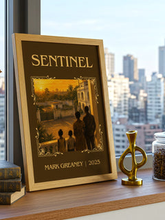 Sentinel Classic Book Art Print by Mark Greaney – framed print on a city-view windowsill