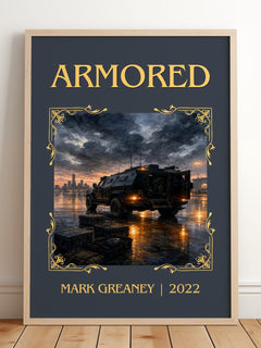 Armored Classic Book Art Print by Mark Greaney – framed print leaning on a wooden floor