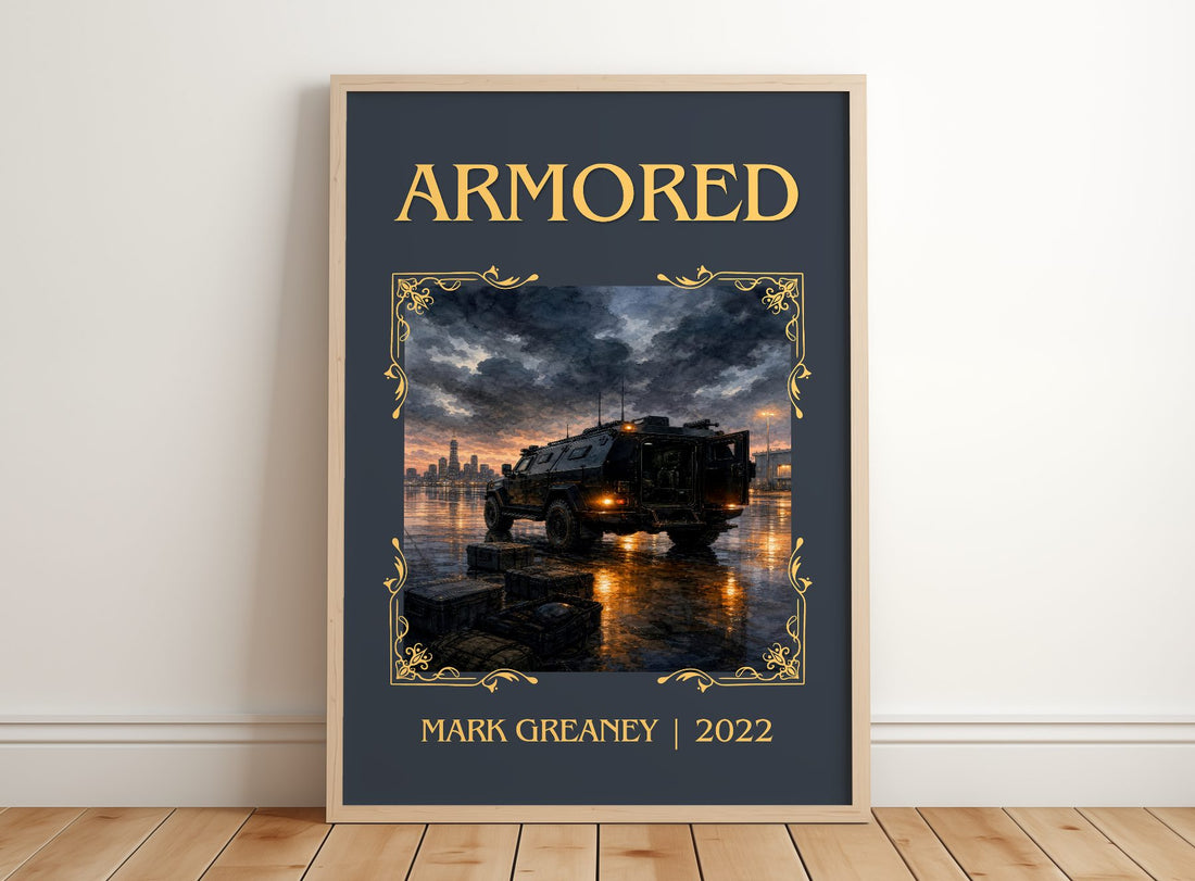 Armored Classic Book Art Print by Mark Greaney – framed print leaning on a wooden floor