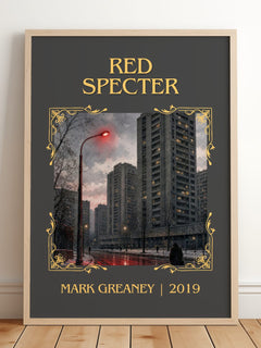 Red Specter Classic Book Art Print by Mark Greaney – framed print leaning on a wooden floor