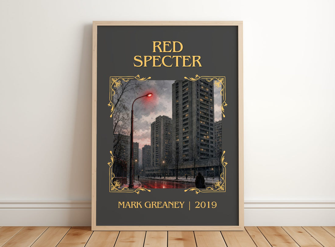 Red Specter Classic Book Art Print by Mark Greaney – framed print leaning on a wooden floor