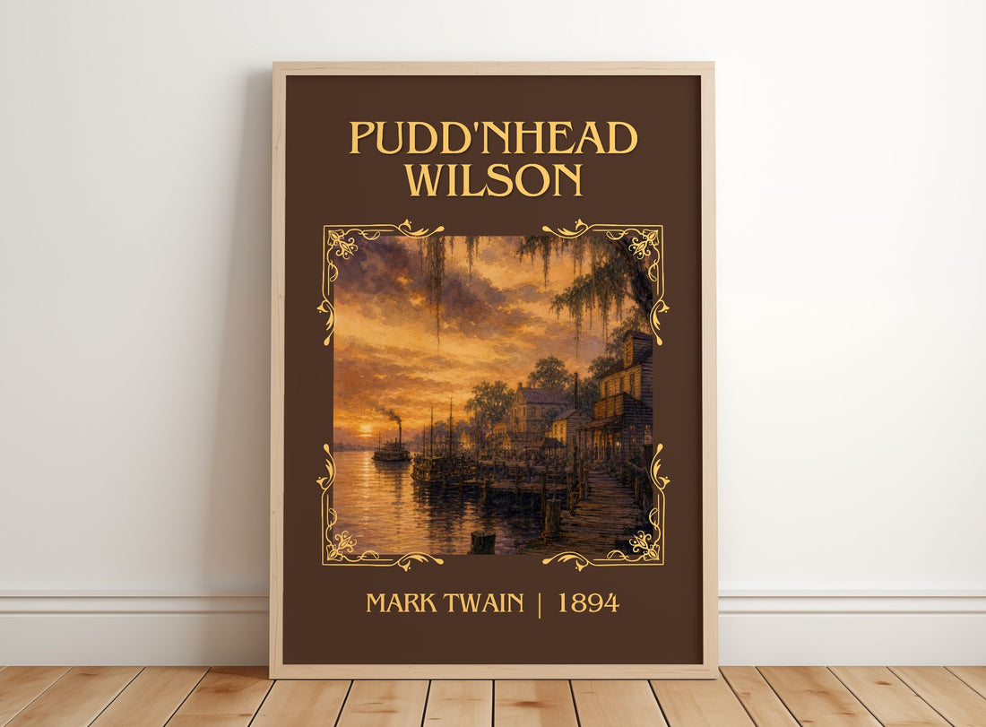 Pudd'Nhead Wilson Classic Book Art Print by Mark Twain – framed print leaning on a wooden floor