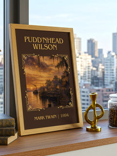 Pudd'Nhead Wilson Classic Book Art Print by Mark Twain – framed print on a city-view windowsill