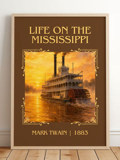 Life On The Mississippi Classic Book Art Print by Mark Twain – framed print leaning on a wooden floor