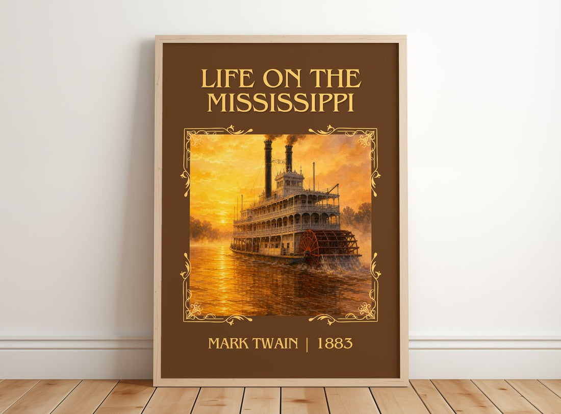 Life On The Mississippi Classic Book Art Print by Mark Twain – framed print leaning on a wooden floor