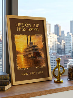 Life On The Mississippi Classic Book Art Print by Mark Twain – framed print on a city-view windowsill