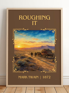 Roughing It Classic Book Art Print by Mark Twain – framed print leaning on a wooden floor