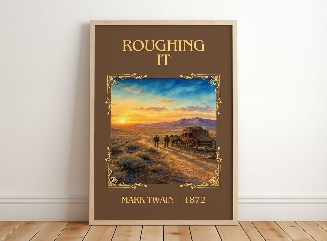Roughing It Classic Book Art Print by Mark Twain – framed print leaning on a wooden floor