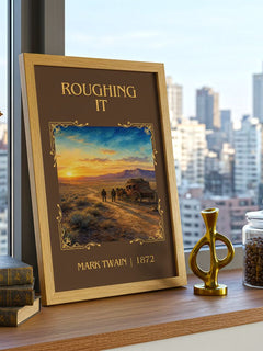 Roughing It Classic Book Art Print by Mark Twain – framed print on a city-view windowsill