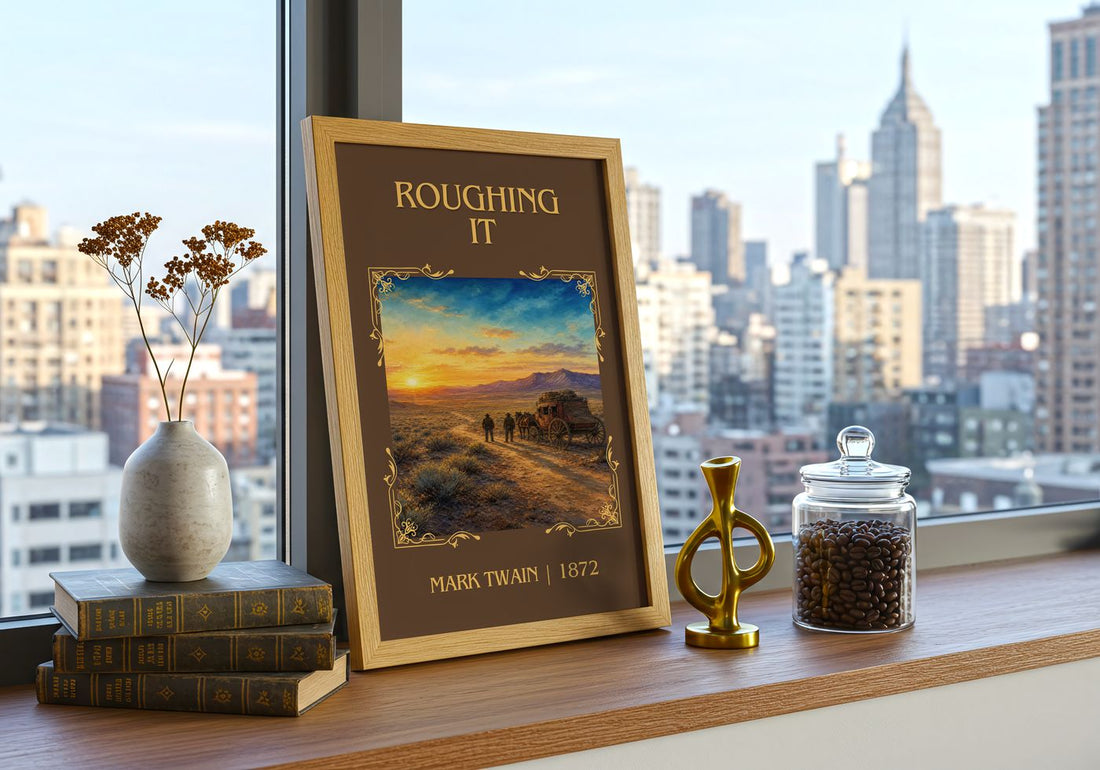 Roughing It Classic Book Art Print by Mark Twain – framed print on a city-view windowsill