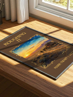 Roughing It Classic Book Art Print by Mark Twain – print on a sunlit desk