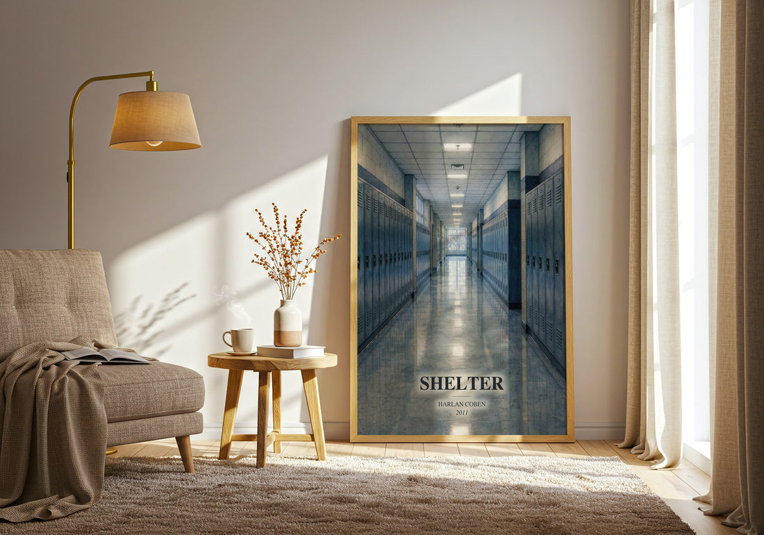 Shelter watercolour print in frame leaning in hallway – mystery wall art (mockup)