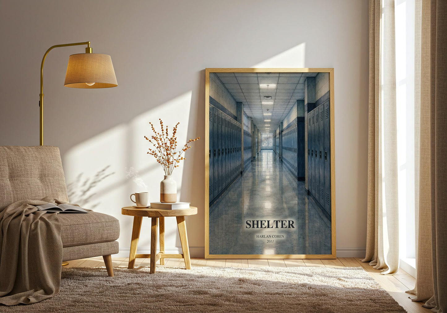Shelter watercolour print in frame leaning in hallway – mystery wall art