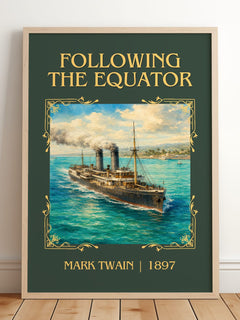 Following The Equator Classic Book Art Print by Mark Twain – framed print leaning on a wooden floor