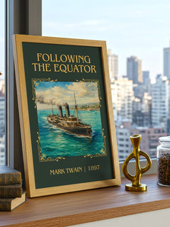 Following The Equator Classic Book Art Print by Mark Twain – framed print on a city-view windowsill