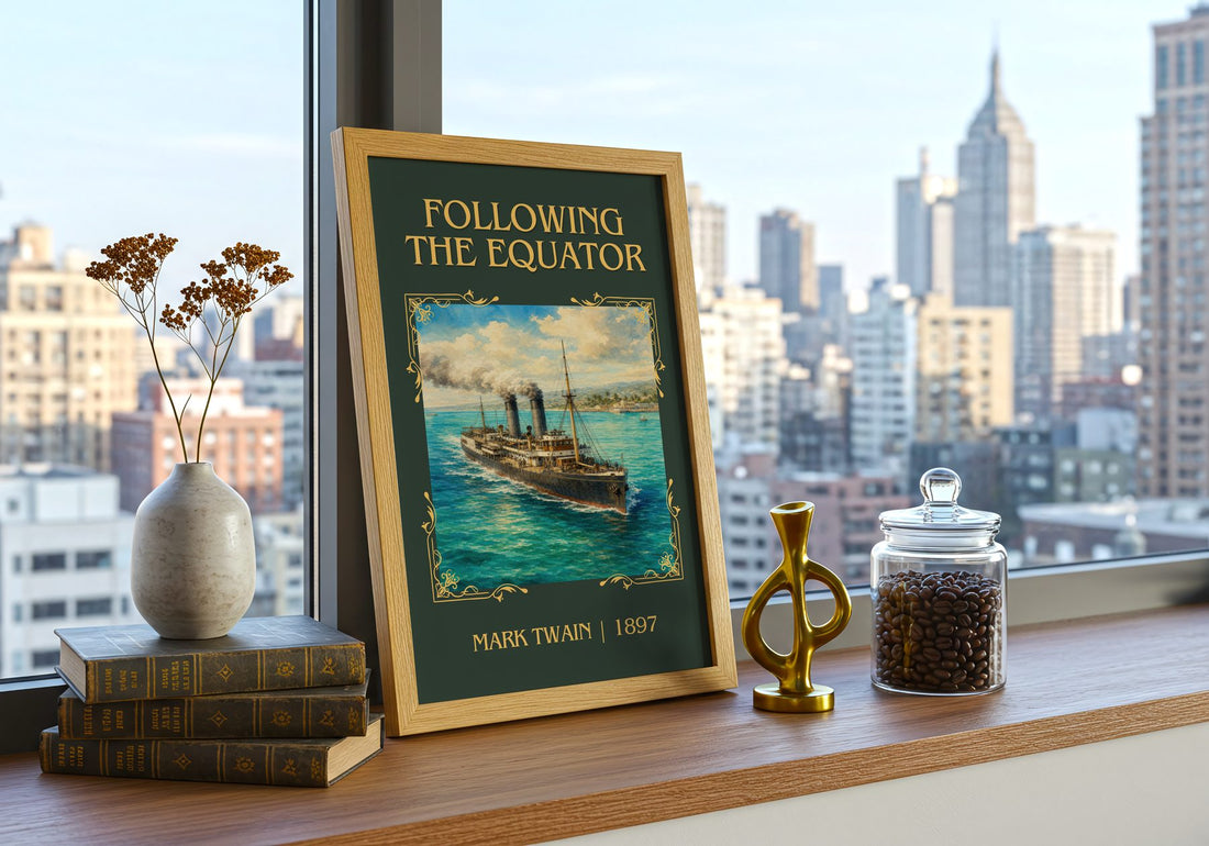 Following The Equator Classic Book Art Print by Mark Twain – framed print on a city-view windowsill