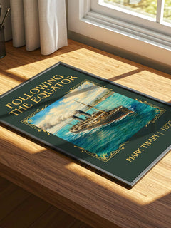 Following The Equator Classic Book Art Print by Mark Twain – print on a sunlit desk