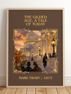 The Gilded Age: A Tale Of Today Classic Book Art Print by Mark Twain – framed print leaning on a wooden floor