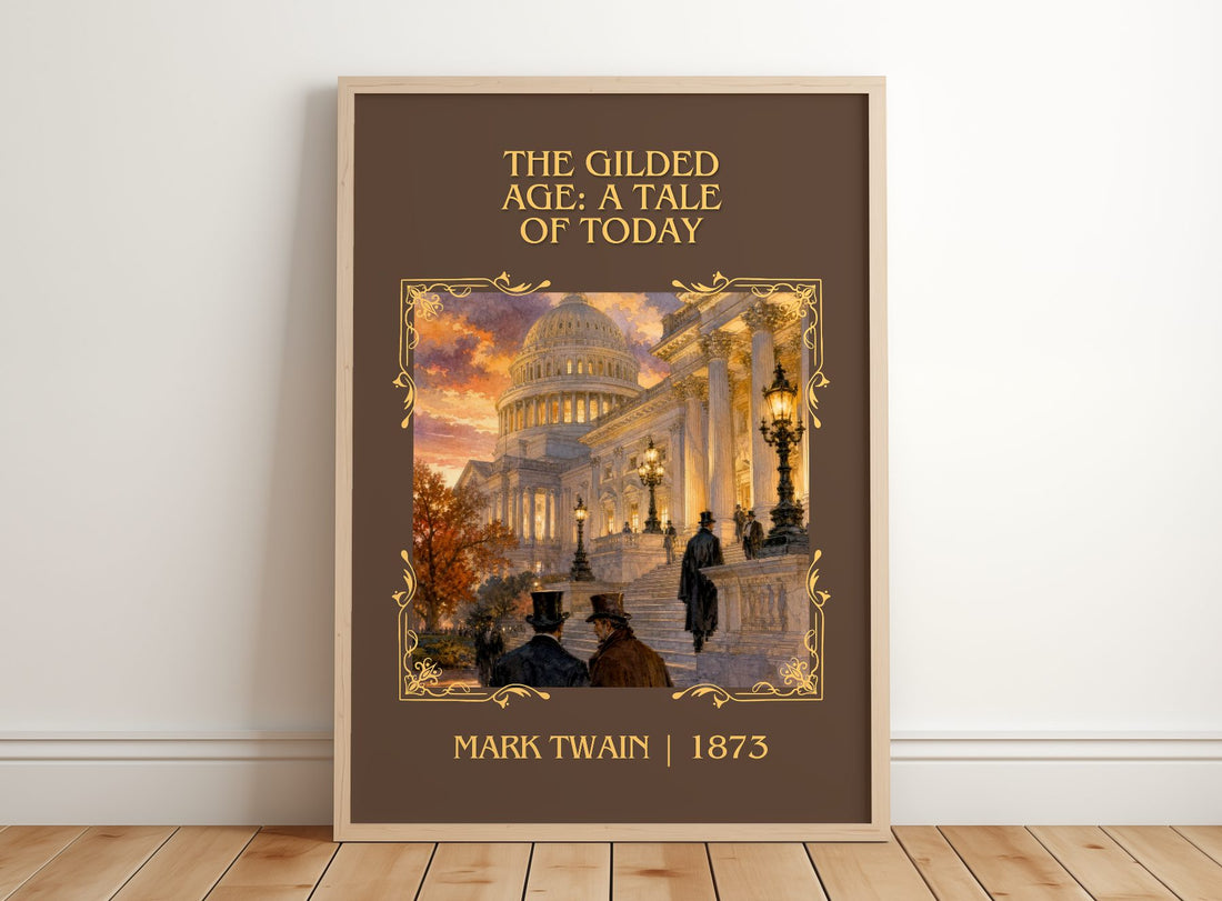 The Gilded Age: A Tale Of Today Classic Book Art Print by Mark Twain – framed print leaning on a wooden floor