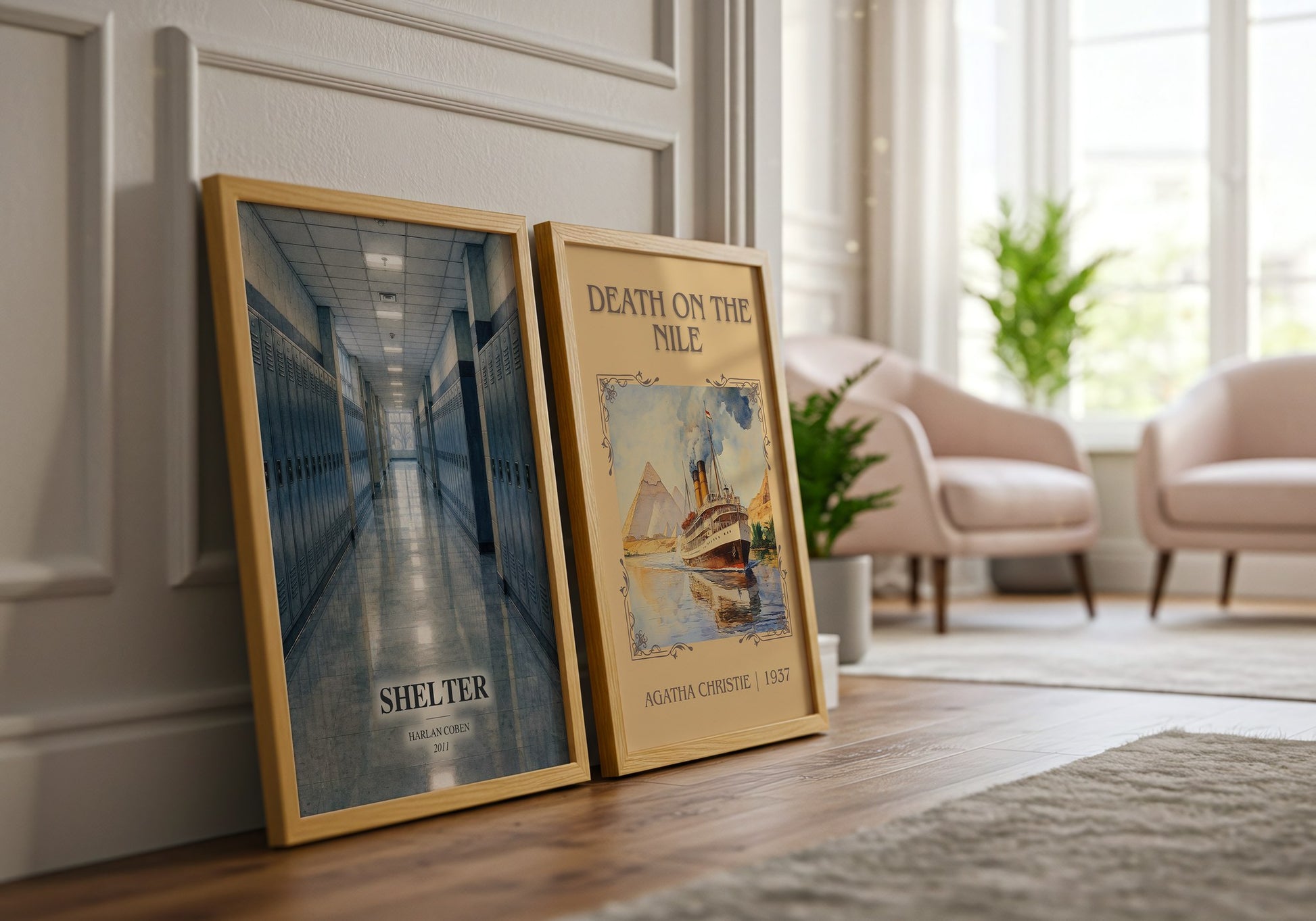 Shelter watercolour print framed by window – literary home decor