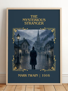 The Mysterious Stranger Classic Book Art Print by Mark Twain – framed print leaning on a wooden floor