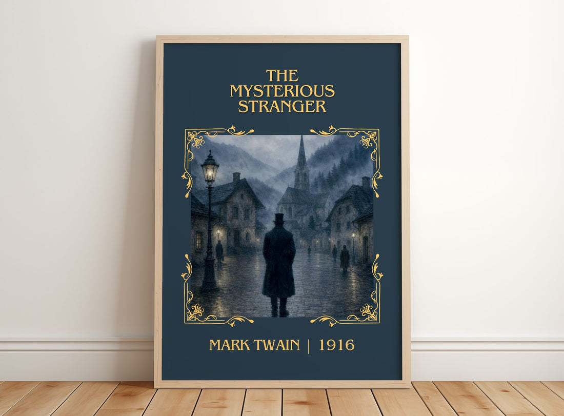 The Mysterious Stranger Classic Book Art Print by Mark Twain – framed print leaning on a wooden floor
