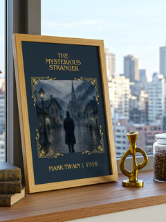The Mysterious Stranger Classic Book Art Print by Mark Twain – framed print on a city-view windowsill