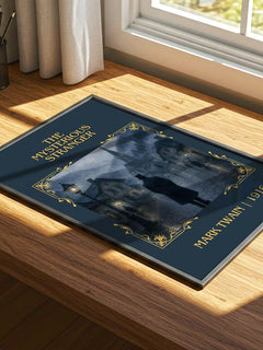 The Mysterious Stranger Classic Book Art Print by Mark Twain – print on a sunlit desk