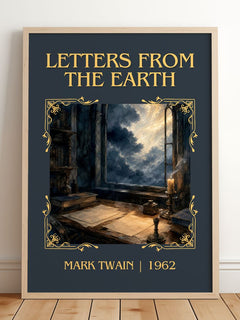 Letters From The Earth Classic Book Art Print by Mark Twain – framed print leaning on a wooden floor