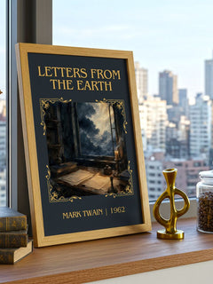Letters From The Earth Classic Book Art Print by Mark Twain – framed print on a city-view windowsill