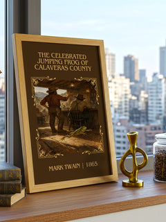 The Celebrated Jumping Frog Of Calaveras County Classic Book Art Print by Mark Twain – framed print on a city-view windowsill
