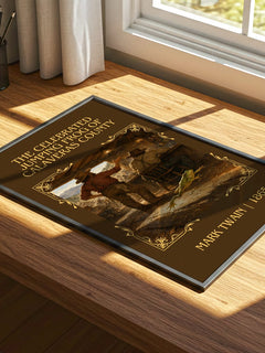 The Celebrated Jumping Frog Of Calaveras County Classic Book Art Print by Mark Twain – print on a sunlit desk