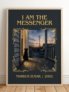 I Am The Messenger Classic Book Art Print by Markus Zusak – framed print leaning on a wooden floor
