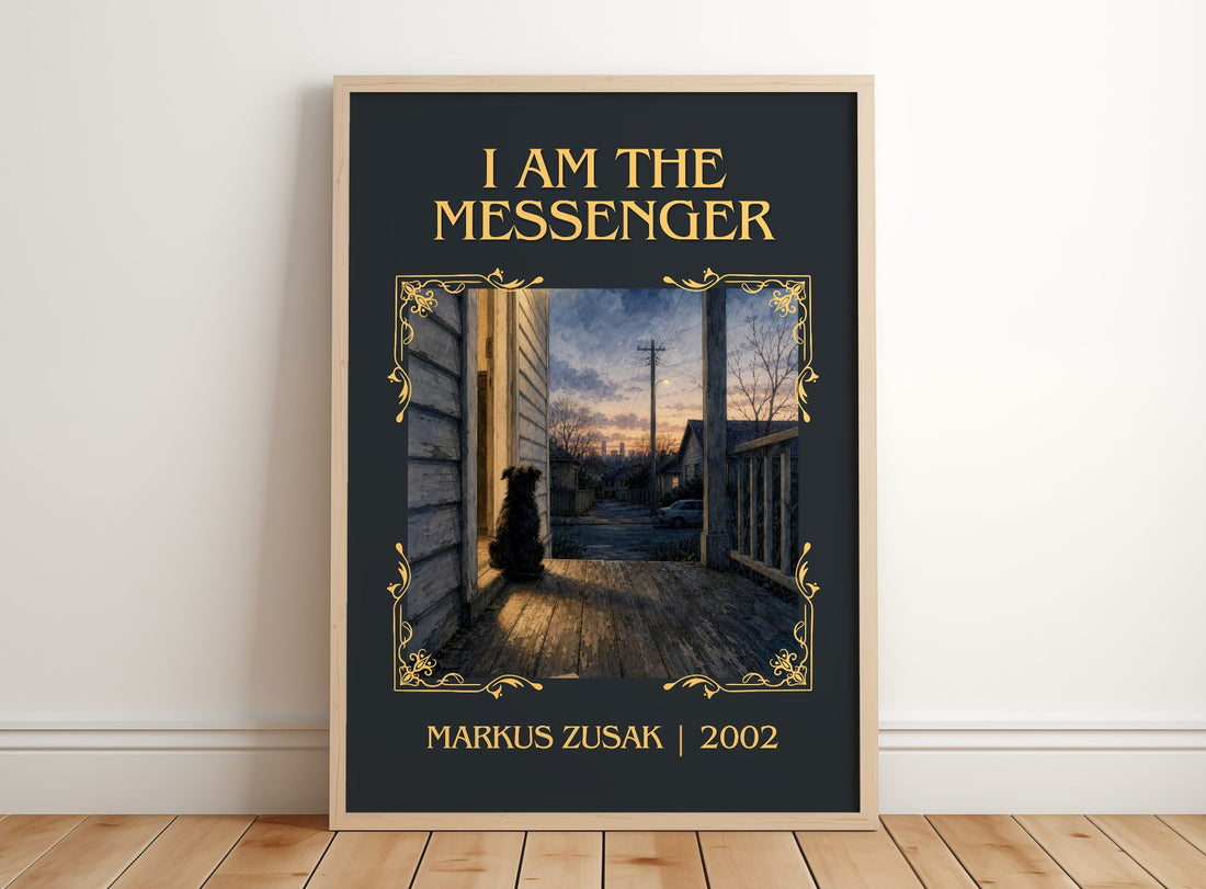 I Am The Messenger Classic Book Art Print by Markus Zusak – framed print leaning on a wooden floor