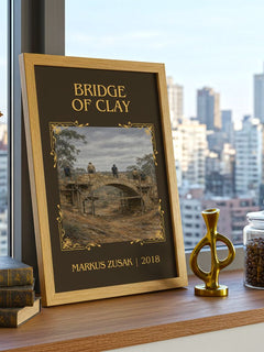 Bridge Of Clay Classic Book Art Print by Markus Zusak – framed print on a city-view windowsill