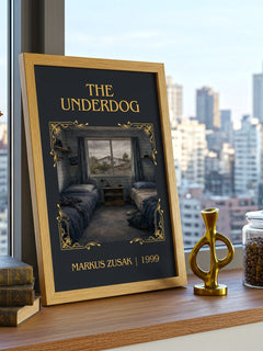 The Underdog Classic Book Art Print by Markus Zusak – framed print on a city-view windowsill