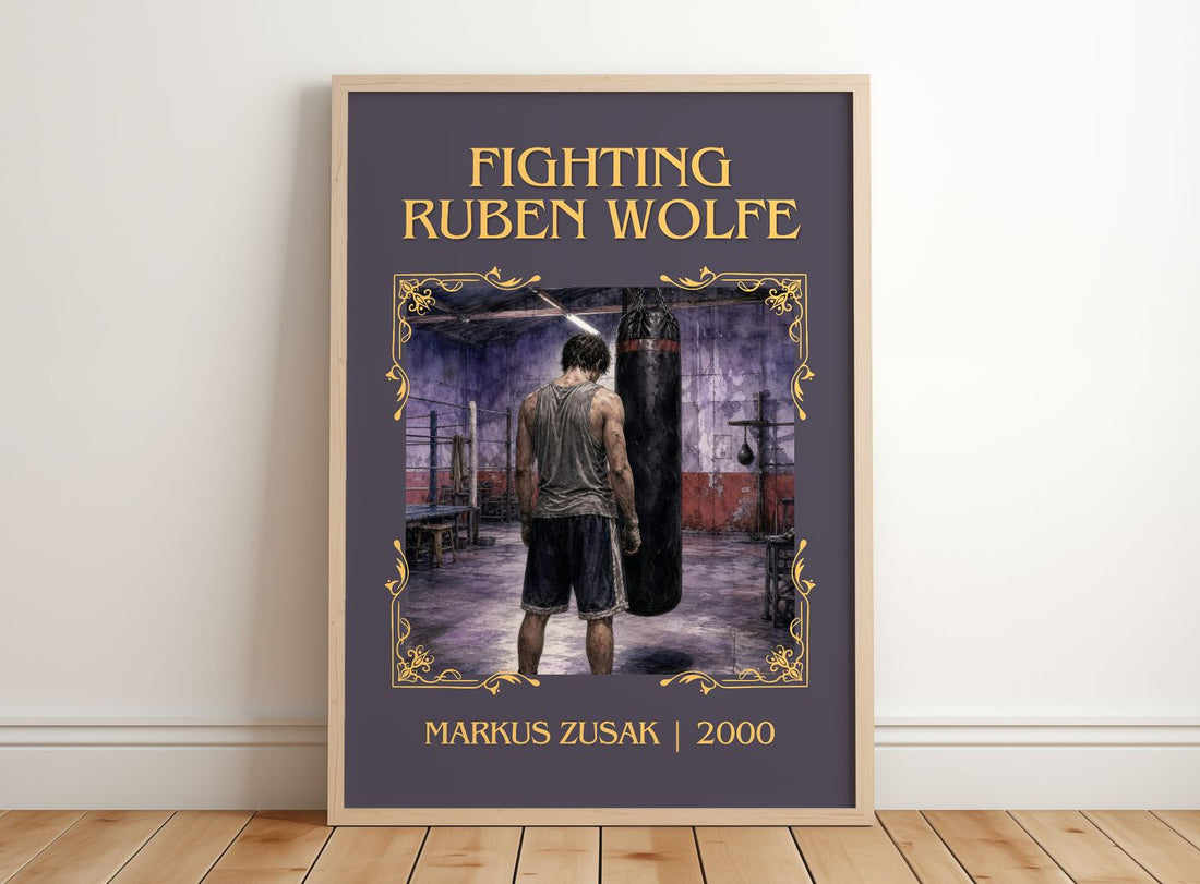 Fighting Ruben Wolfe Classic Book Art Print by Markus Zusak – framed print leaning on a wooden floor