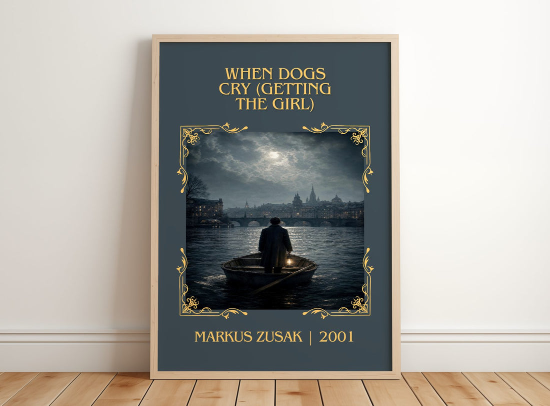 When Dogs Cry (Getting The Girl) Classic Book Art Print by M. Zusak – framed print leaning on a wooden floor