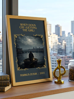 When Dogs Cry (Getting The Girl) Classic Book Art Print by M. Zusak – framed print on a city-view windowsill