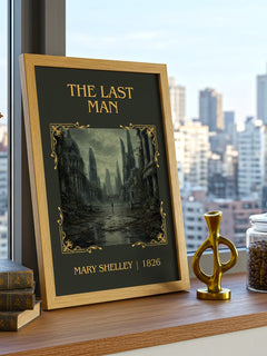 The Last Man Classic Book Art Print by Mary Shelley – framed print on a city-view windowsill