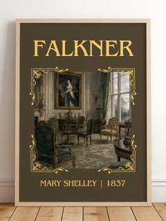 Falkner Classic Book Art Print by Mary Shelley – framed print leaning on a wooden floor