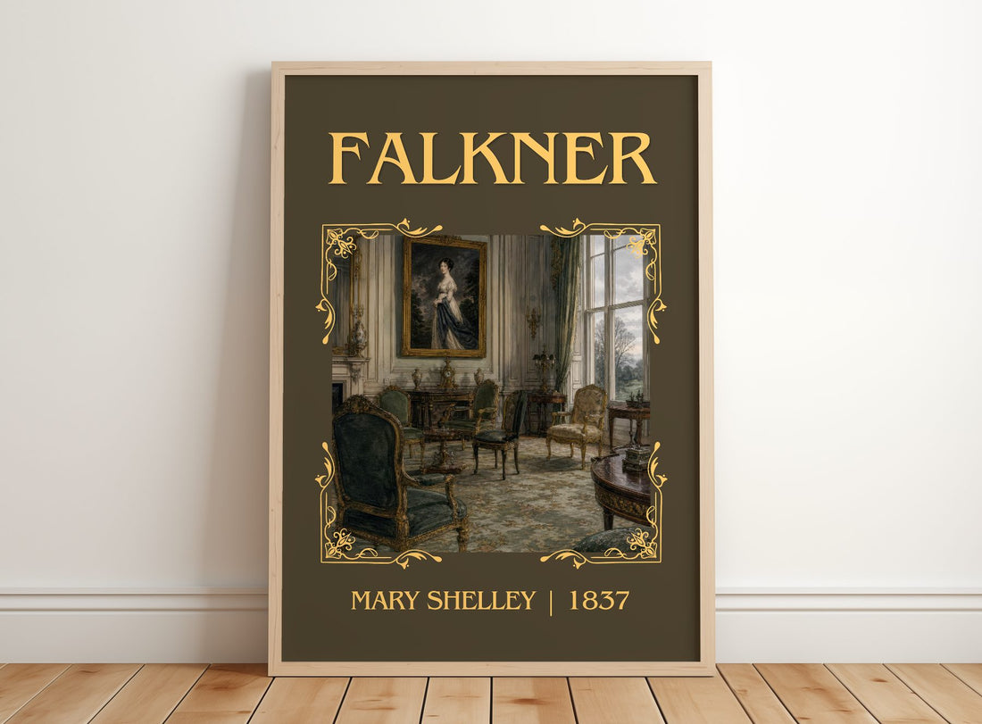 Falkner Classic Book Art Print by Mary Shelley – framed print leaning on a wooden floor