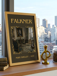 Falkner Classic Book Art Print by Mary Shelley – framed print on a city-view windowsill