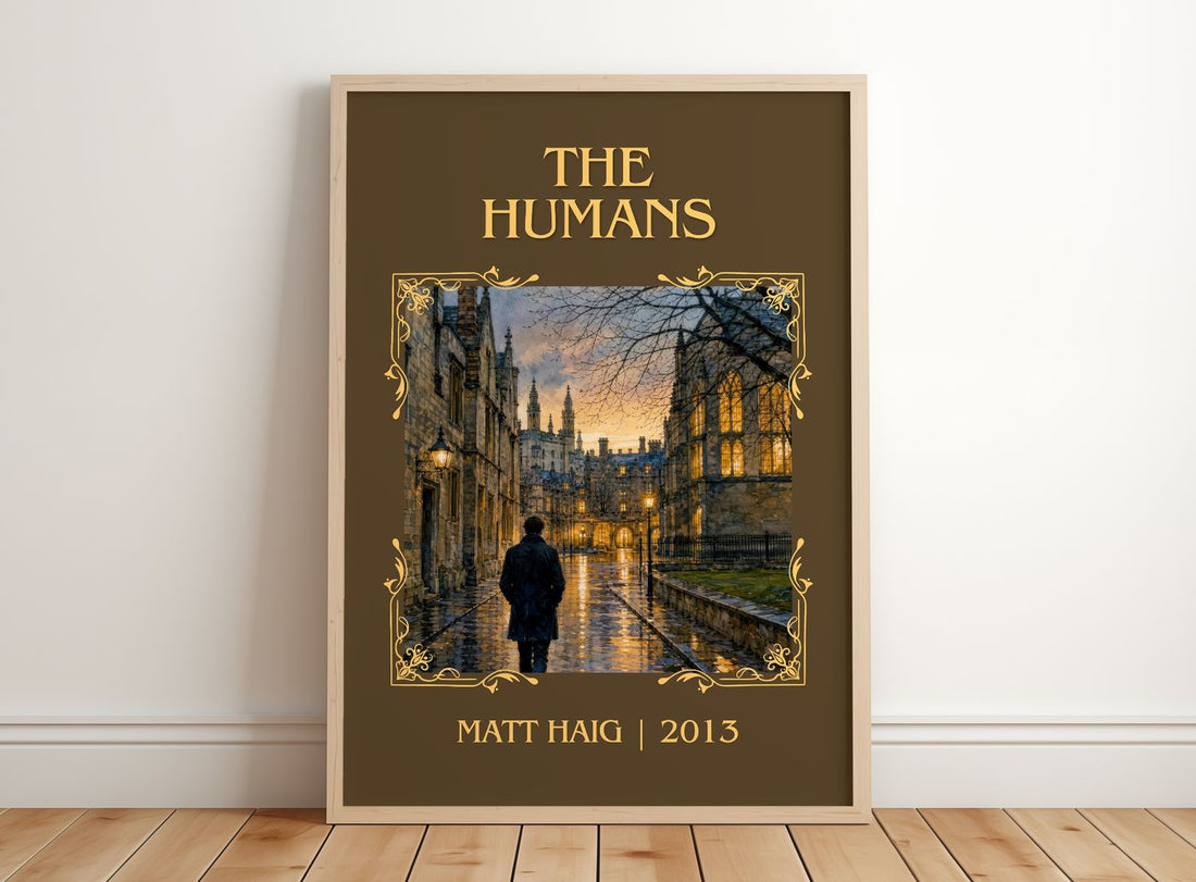 The Humans Classic Book Art Print by Matt Haig – framed print leaning on a wooden floor