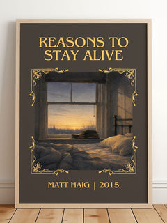 Reasons To Stay Alive Classic Book Art Print by Matt Haig – framed print leaning on a wooden floor