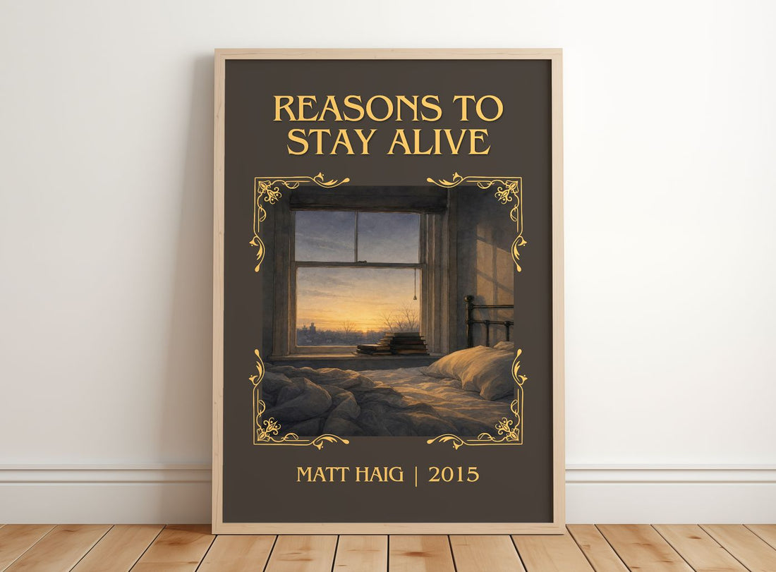 Reasons To Stay Alive Classic Book Art Print by Matt Haig – framed print leaning on a wooden floor