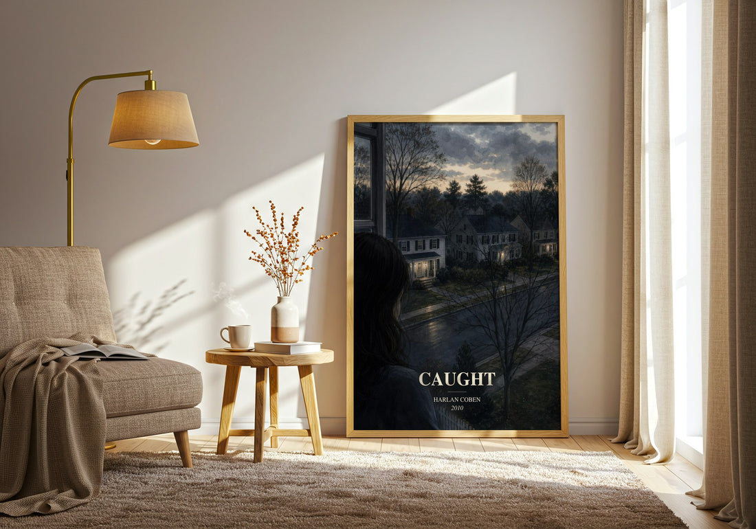 Caught watercolour print in frame leaning in hallway – thriller wall art (mockup)
