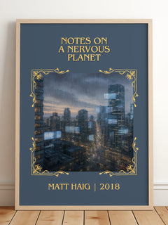 Notes On A Nervous Planet Classic Book Art Print by Matt Haig – framed print leaning on a wooden floor