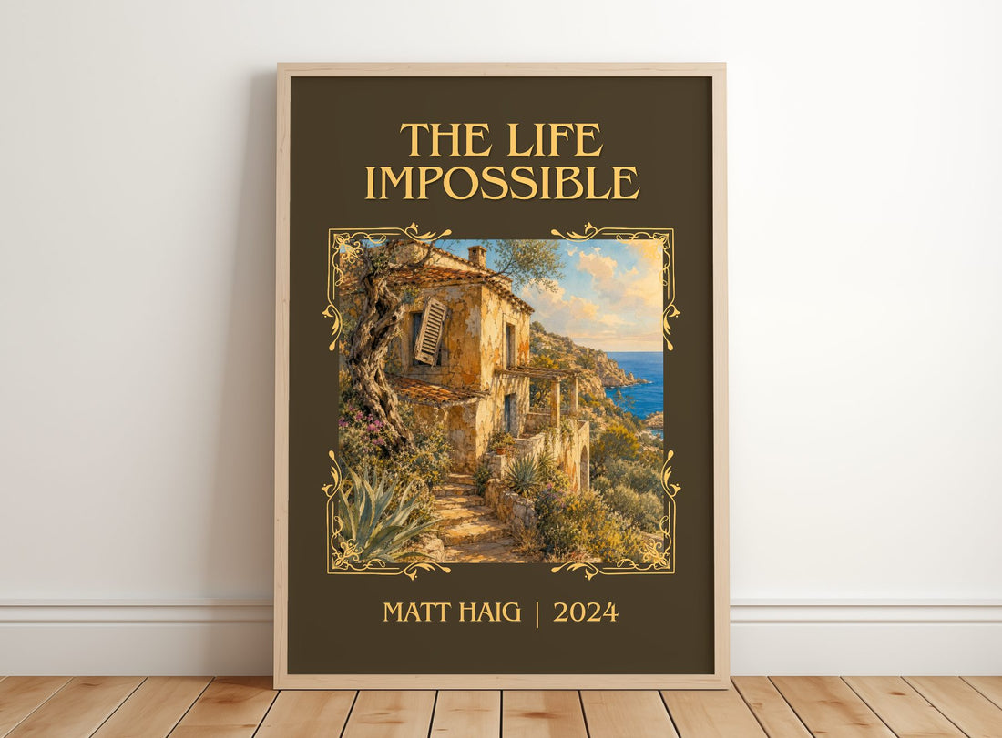 The Life Impossible Classic Book Art Print by Matt Haig – framed print leaning on a wooden floor