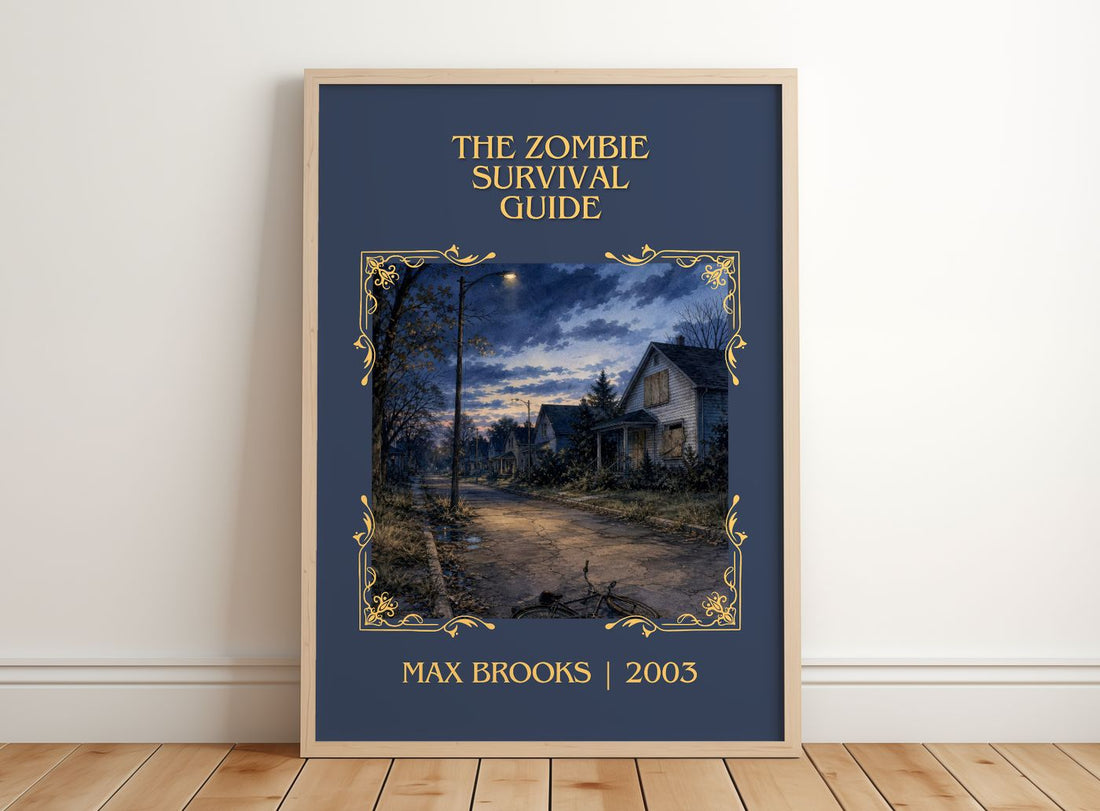 The Zombie Survival Guide Classic Book Art Print by Max Brooks – framed print leaning on a wooden floor